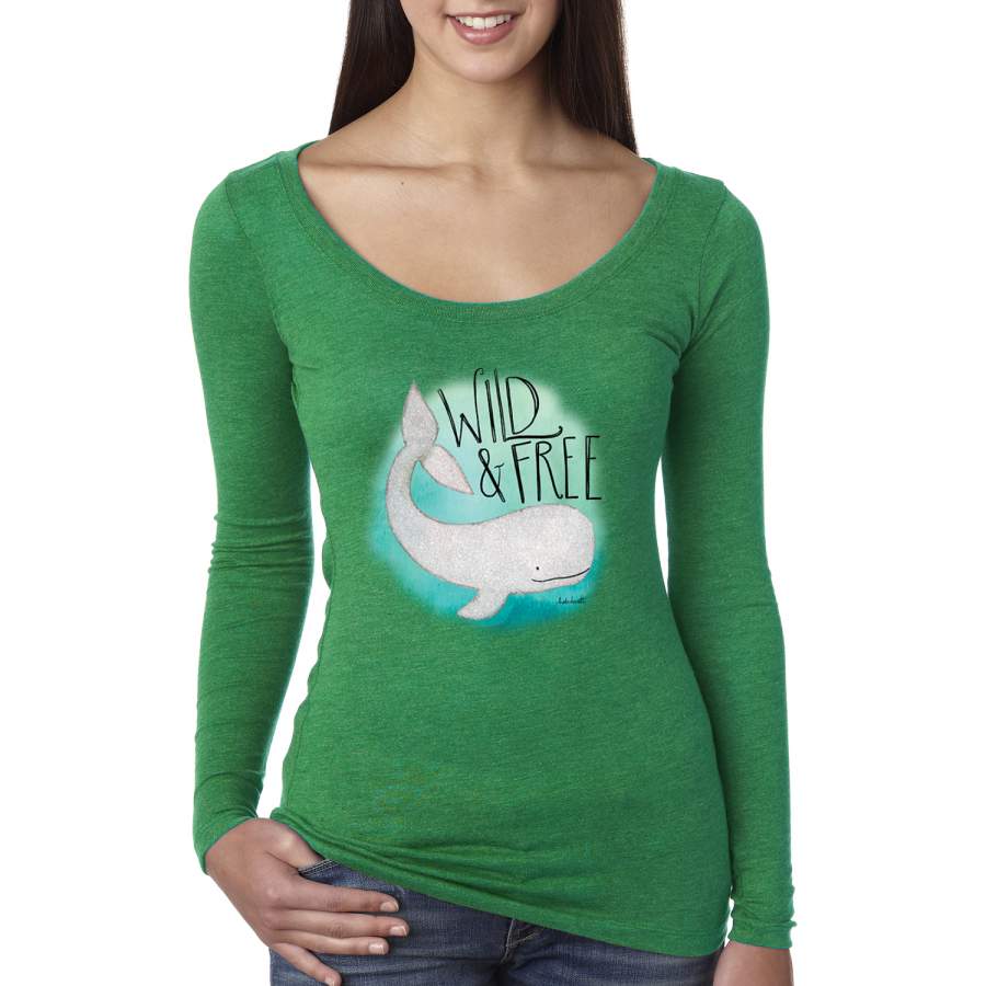 Cute Nautical Whale Wild and Free Animal Lover Womens Scoop Long Sleeve Top