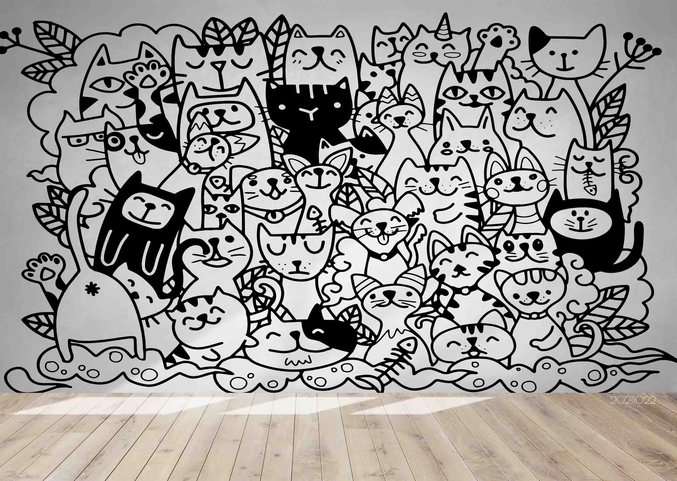 3D Hand Drawn Doodle Animal Cute Cat Wall Mural Wallpaper Lqh 37