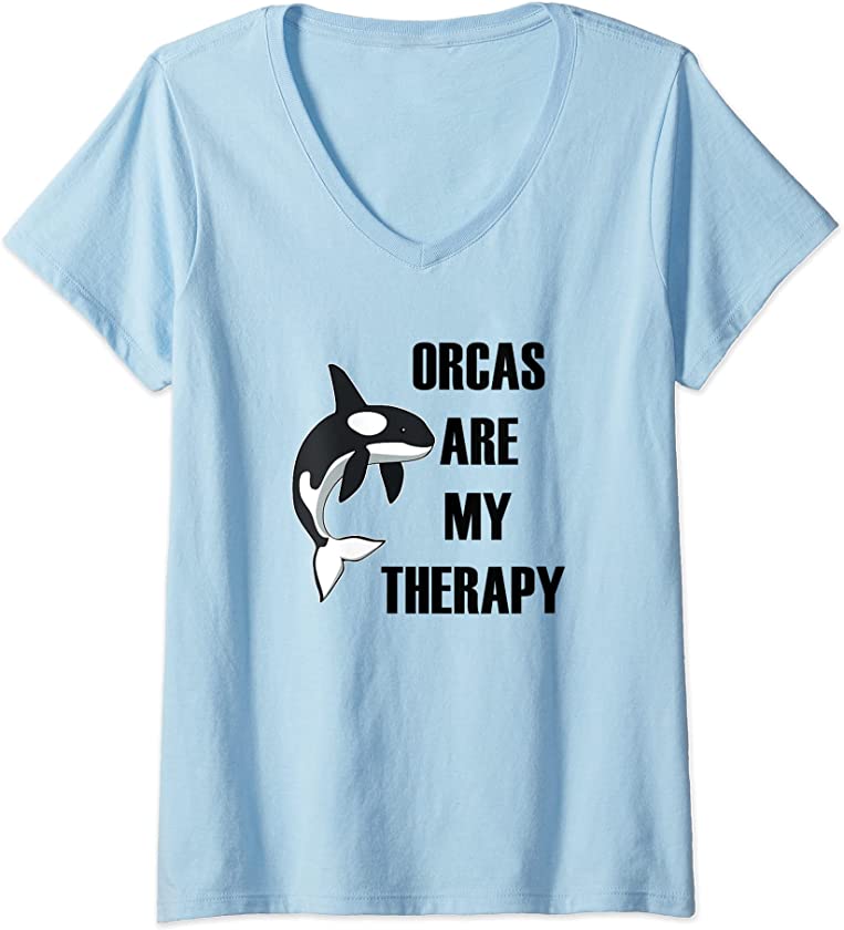 Womens Orcas as Therapy Funny Quote Whale Ocean V-Neck T-Shirt