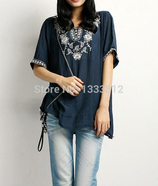 2021 Vintage 70s Boho Ethnic Blue Floral EMBROIDERED Hippie Festival Blouse Bohomian Summer Causel Women Tops Shirts alx