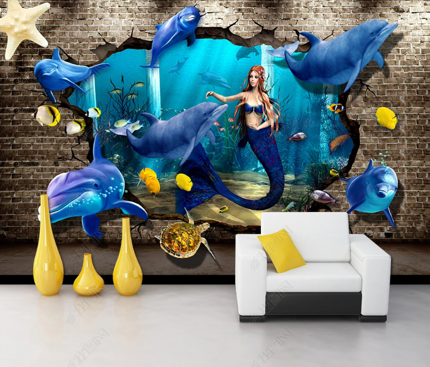 3D Underwater World Dolphin Mermaid Wall Mural Wallpaper Lqh 8