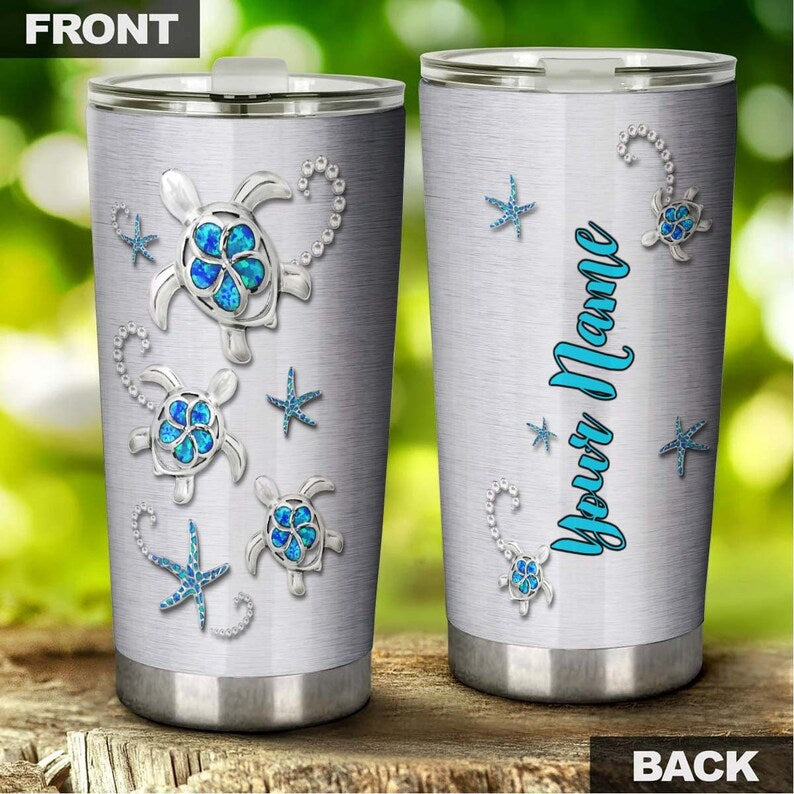 Sea Turtle Flower Jewelry Style Personalized Tumbler-Unique Tumbler-Birthday Christmas Gift For Turtle Lover