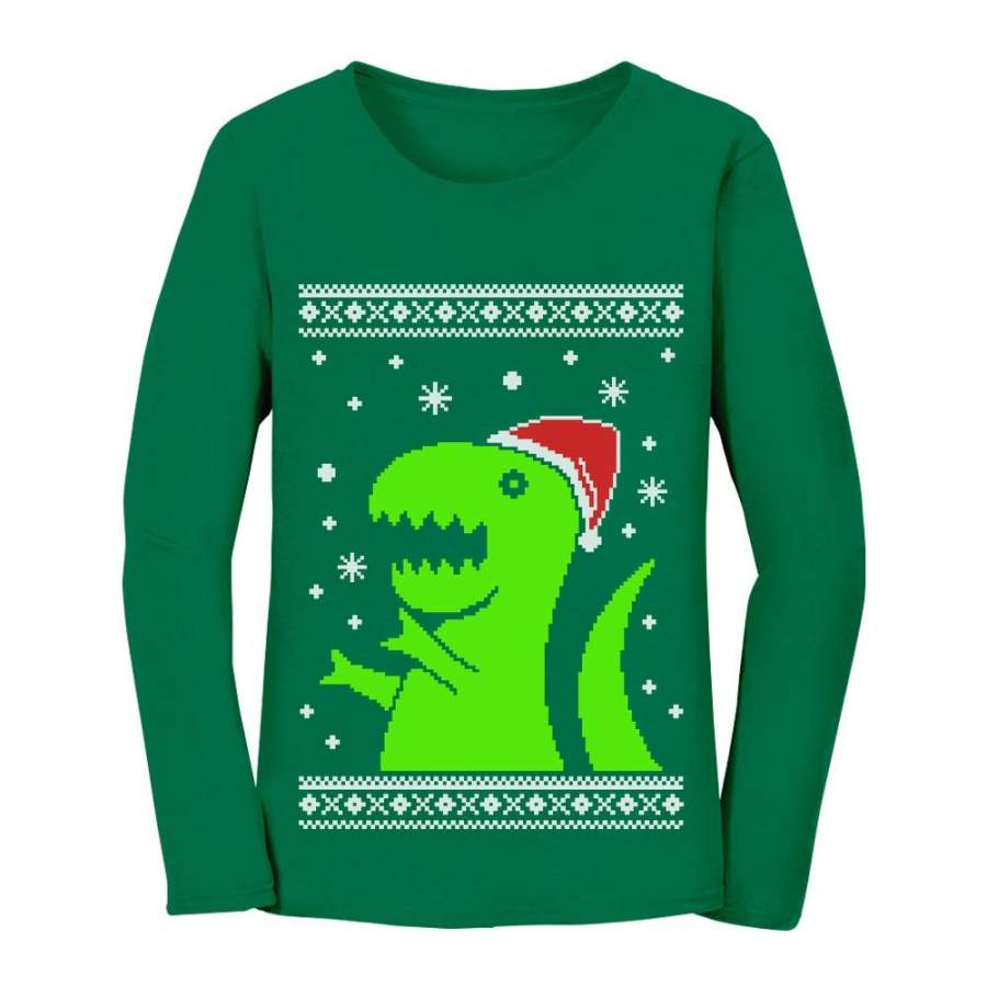 Big Green Trex Santa Ugly Christmas Sweater Funny Xmas Women Long Sleeve T-Shirt