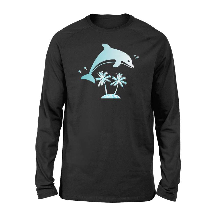 Dolphin Swim Palm Tree Hawaiian Tropical Ocean Long Sleeve T-Shirt