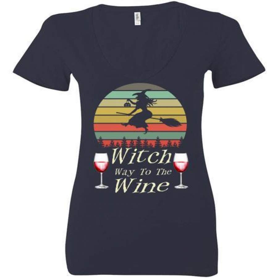 Vintage Witch Way To The Wine Halloween Ladies Deep V-Neck