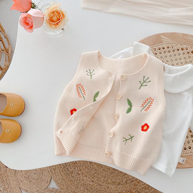 2022 Spring New Baby Girl Flower Print Knit Vest Kids Sleeveless Sweater Jacket Girls Knitted Vest Cardigan Fashion Girl Clothes alx