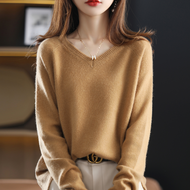 100% Pure Wool Lazy Wind Loose Large Size V-Neck Pullover Women’s Spring And Autumn Casual All-Match Cashmere Sweater Sweater alx