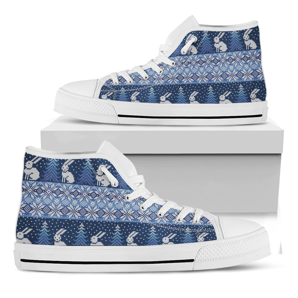 Snow Rabbit Knitted Pattern Print White High Top Shoes