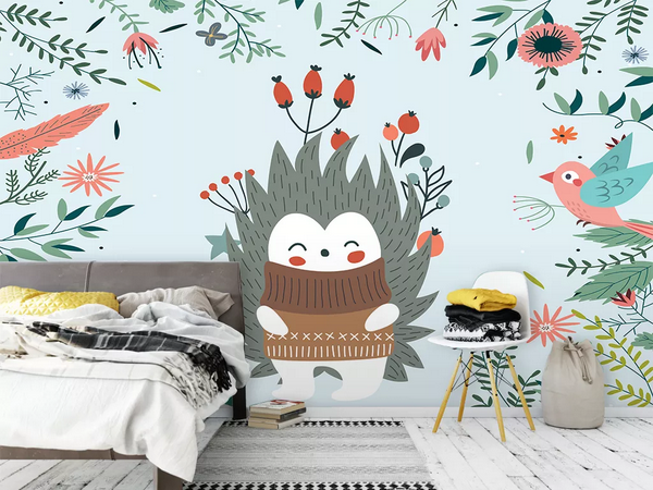 3D Cartoon Animal Hedgehog Floral Bird Wall Mural Wallpaper Lqh 126