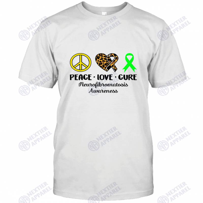 Neurofibromatosis Awareness Peace Love Leopard Heart Ribbon T-shirt