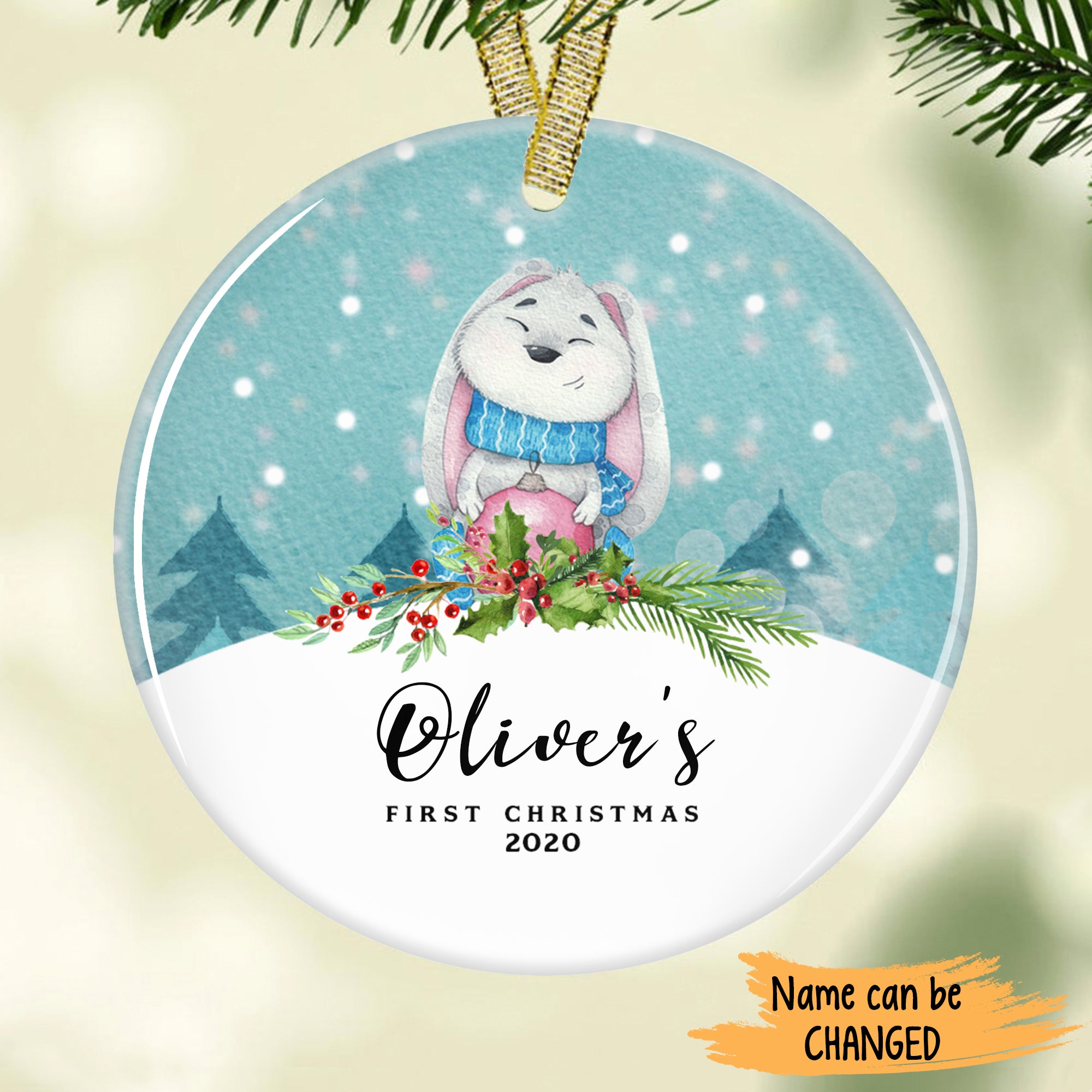 Cute Grey Bunny In Scarf – Baby’S First Christmas Personalized Ornament – Clx1 Fmon002F