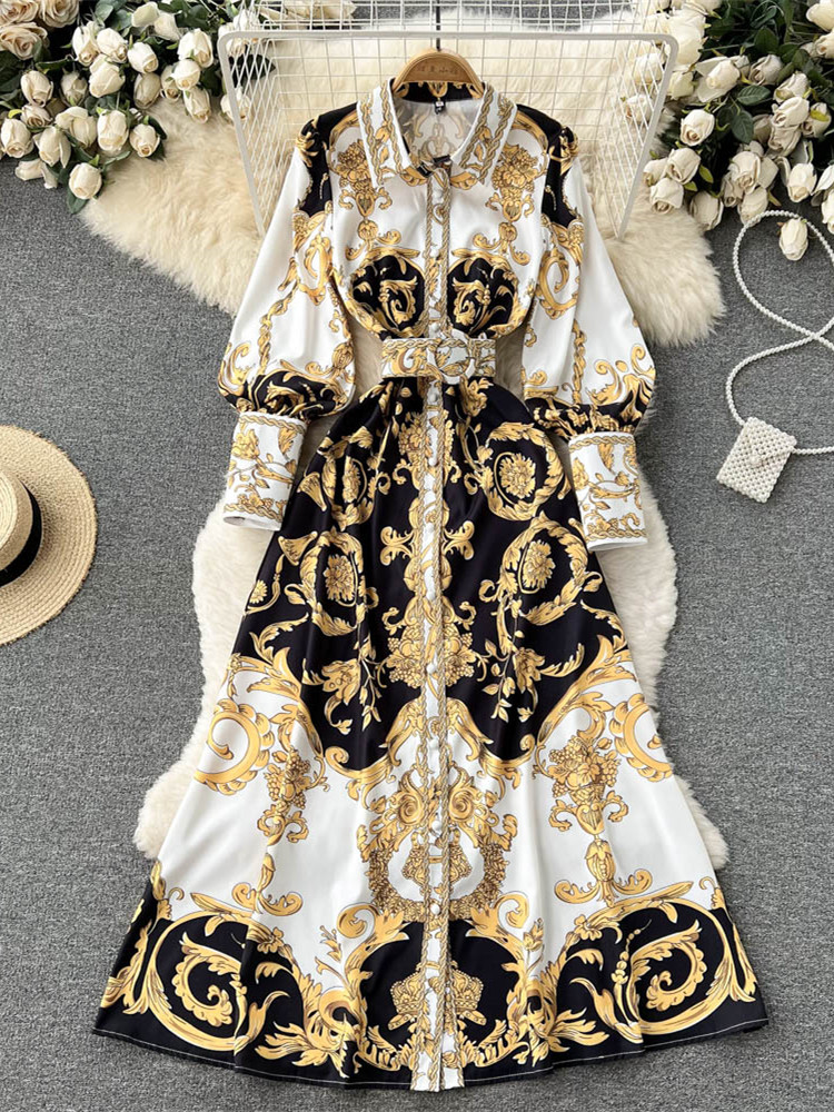 2022 Fashion Runway Baroque Maxi Dress Women Long Lantern Sleeve Buttons Down Golden Flower Print Elegant Belt Party Vestidos alx