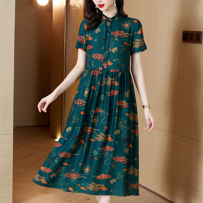 2022 Floral Natural Silk Midi Cheongsam Dress Summer Short Sleeve Elegant Loose Dress Women Korean Vintage Casaul Party Dress alx