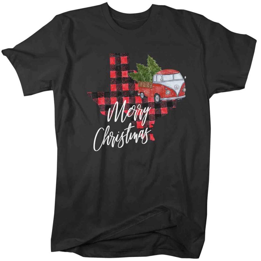 Men’s Personalized Christmas T Shirt Merry Christmas Shirt State Christmas Shirts Xmas Shirt Buffalo Plaid Vintage Truck