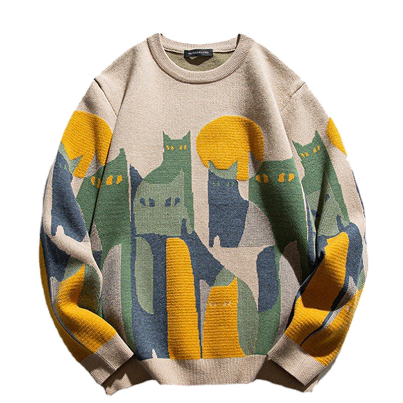 Casual Knitted Sweater Men Women Japanese Cartoon Cat Print Streetwear Pullover Unisex 2022 New Autumn Winter Harajuku Sweater alx