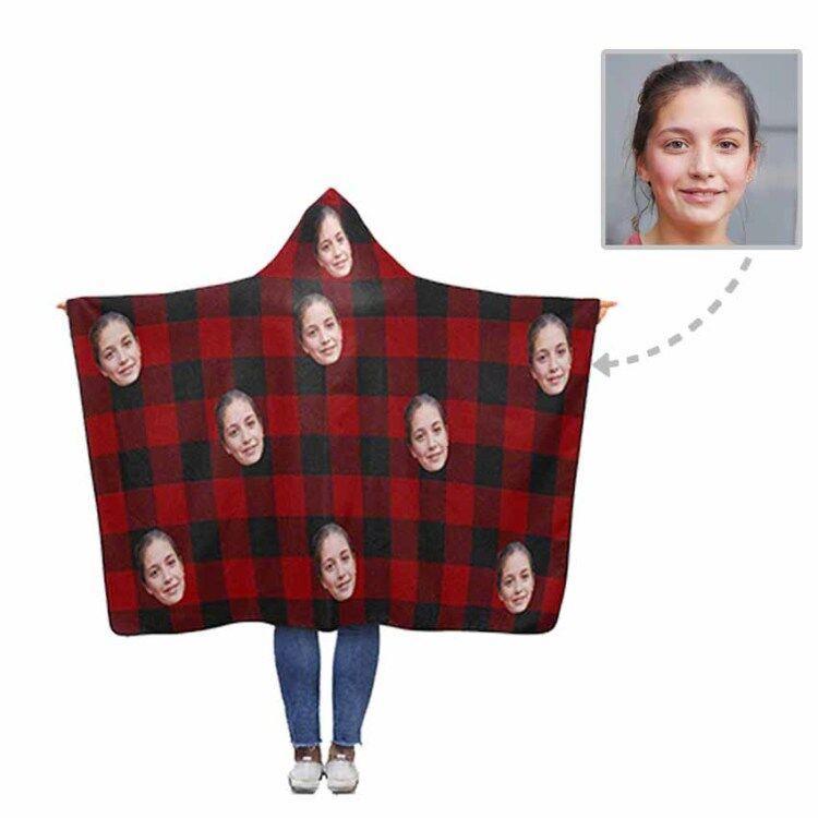 Custom Face Red&Black Grid Hooded Blanket