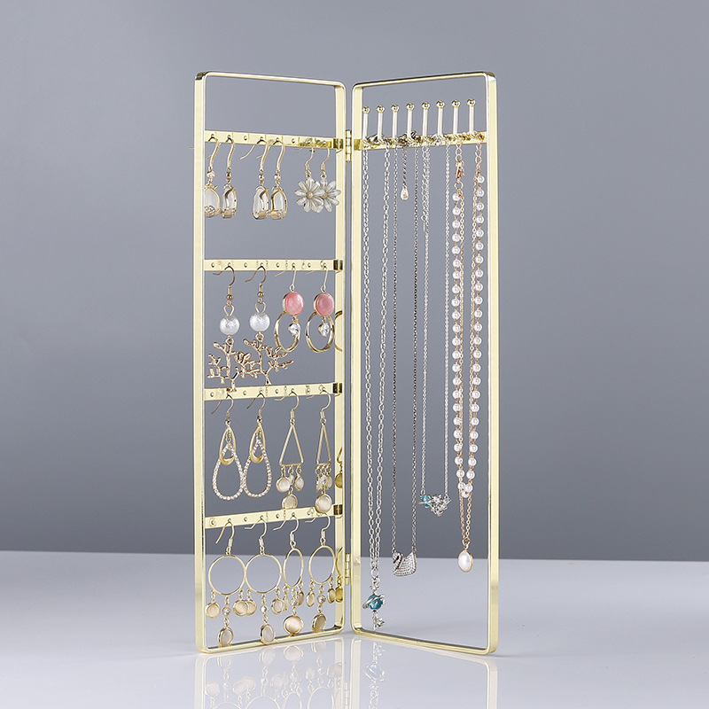 2/3 Doors Gold Metal Earrings Necklace Jewelry Organizer Wooden Bottom Jewelry Stand Counter Pendant Jewelry Display Stand alx