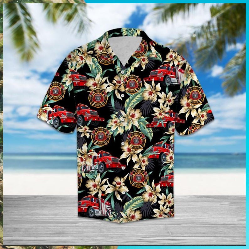 Firefighter Floral Hawaiian Shirt – Short-Sleeve Hawaiian Aloha Shirt – Hawaii Style – Unique Gift Ideas – Meaningful Birthday Presents