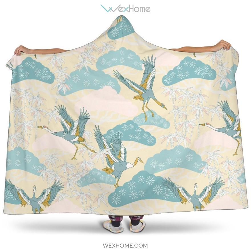 Bonsai Bamboo Stork Japanese Pattern Cream Theme Hooded Blanket