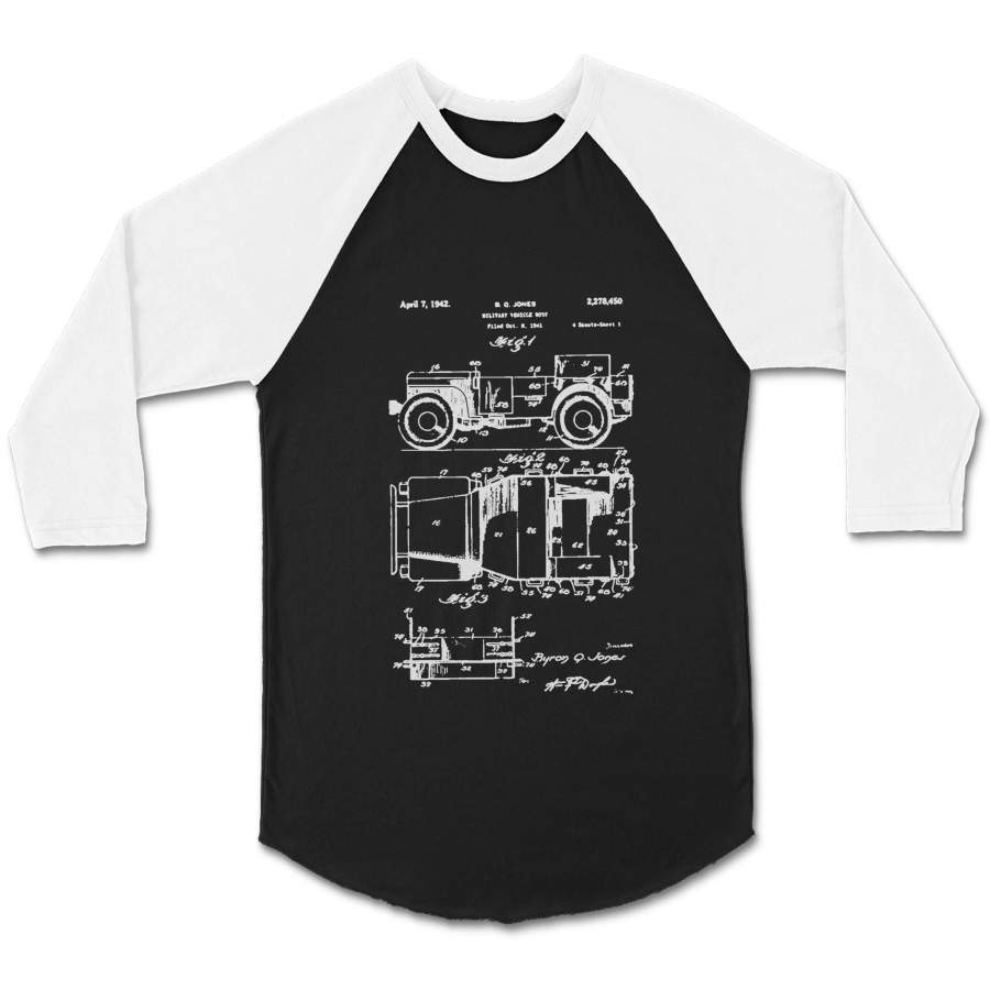 Jeep Vintage Patent Art From The Archives Of The United States Patent Office CPY Unisex 3/4 Sleeve Baseball Tee T-Shirt