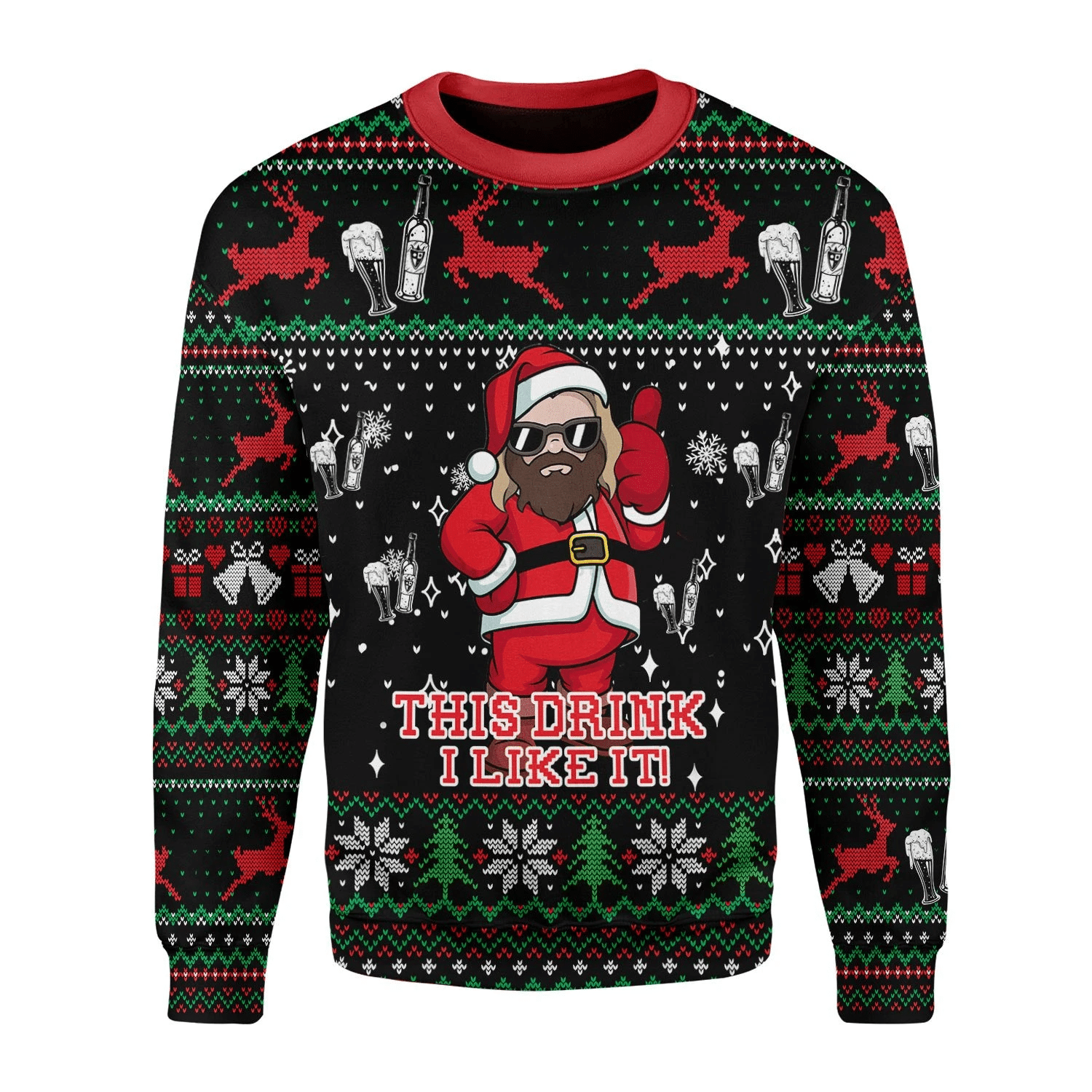 Unifinz Mv Christmas Ugly Sweater Santa Thor This Drink I Like It Beer Christmas Pattern Black Sweater 2022