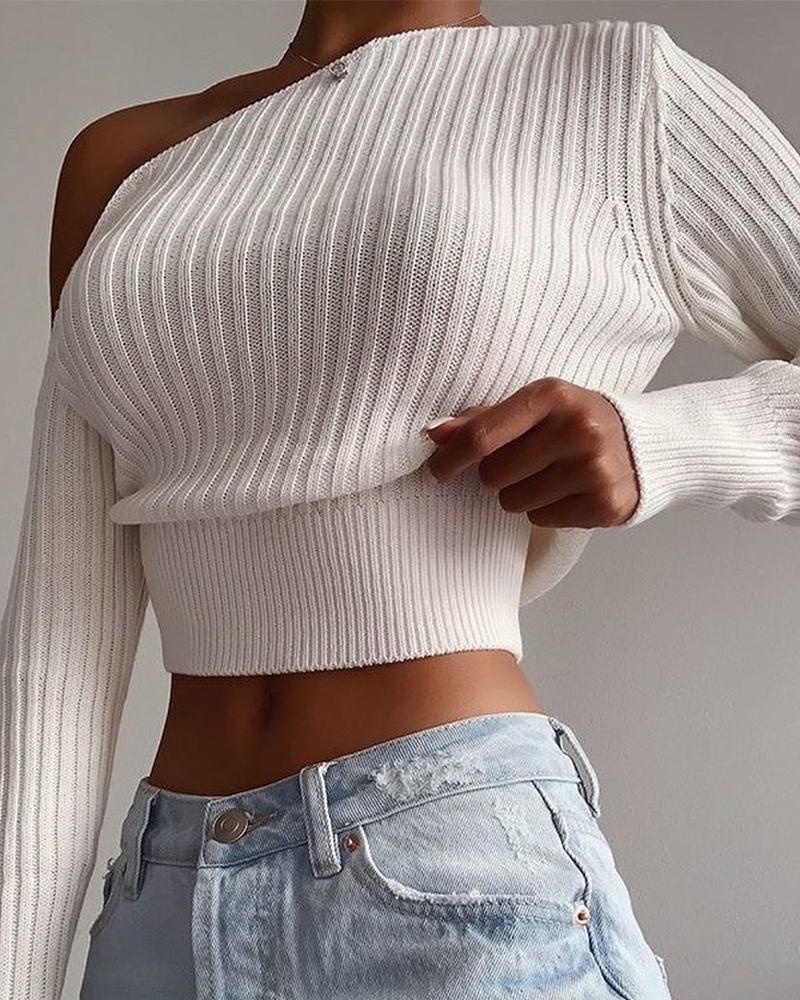 Cold Shoulder Long Sleeve Crop Sweater Women Sexy Pullover Elastic Fashion Sweaters Tops Solid Color alx