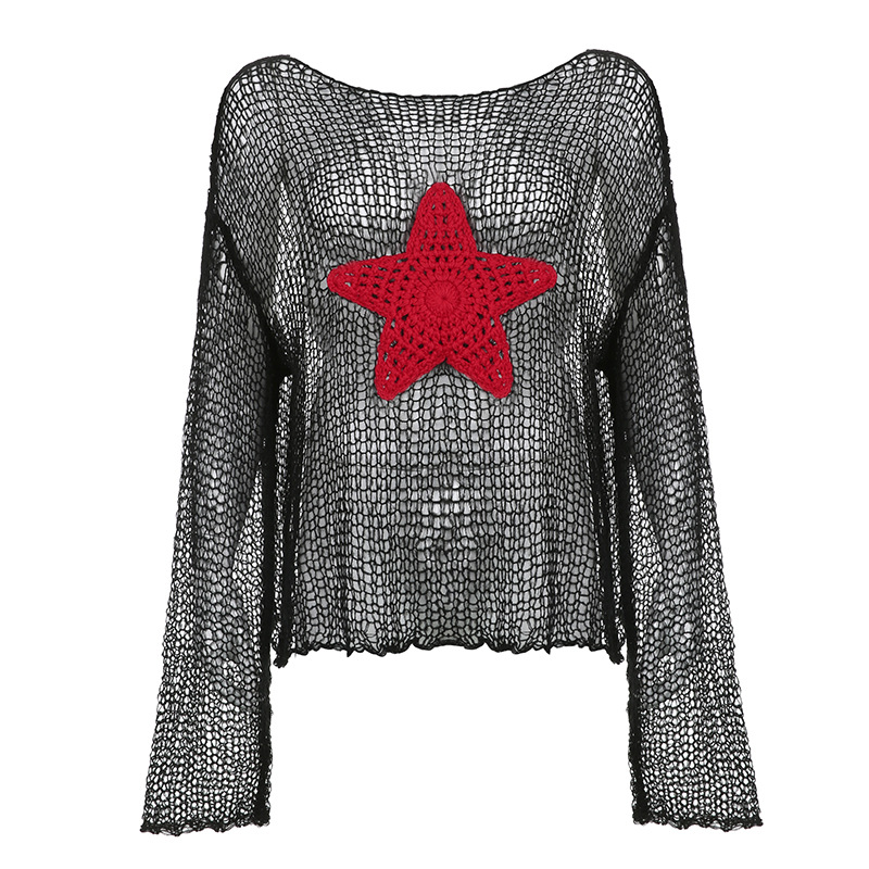 American Vintage Woven Pentagram Pattern Hollow Stitching Knit Long Sleeve Top Aesthetic Y2K Fairy Grunge 90S Loose Women Jumper alx