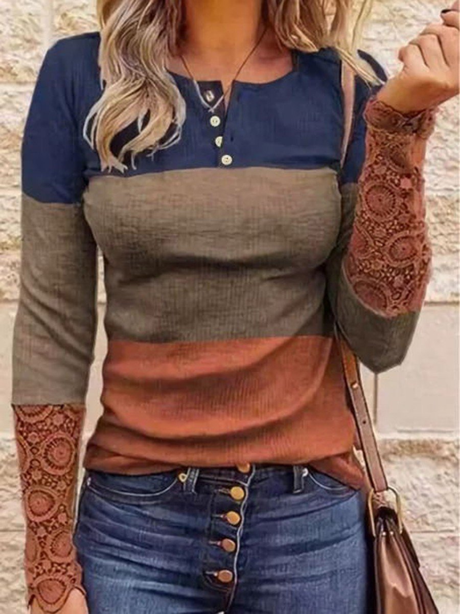 Ribbed Lace Splicing Color Block Long Sleeve Top
