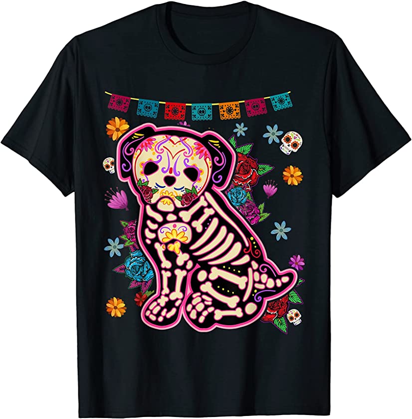 Sugar Skull Mexican Pugs Bone Halloween Day Of Dead T-Shirt