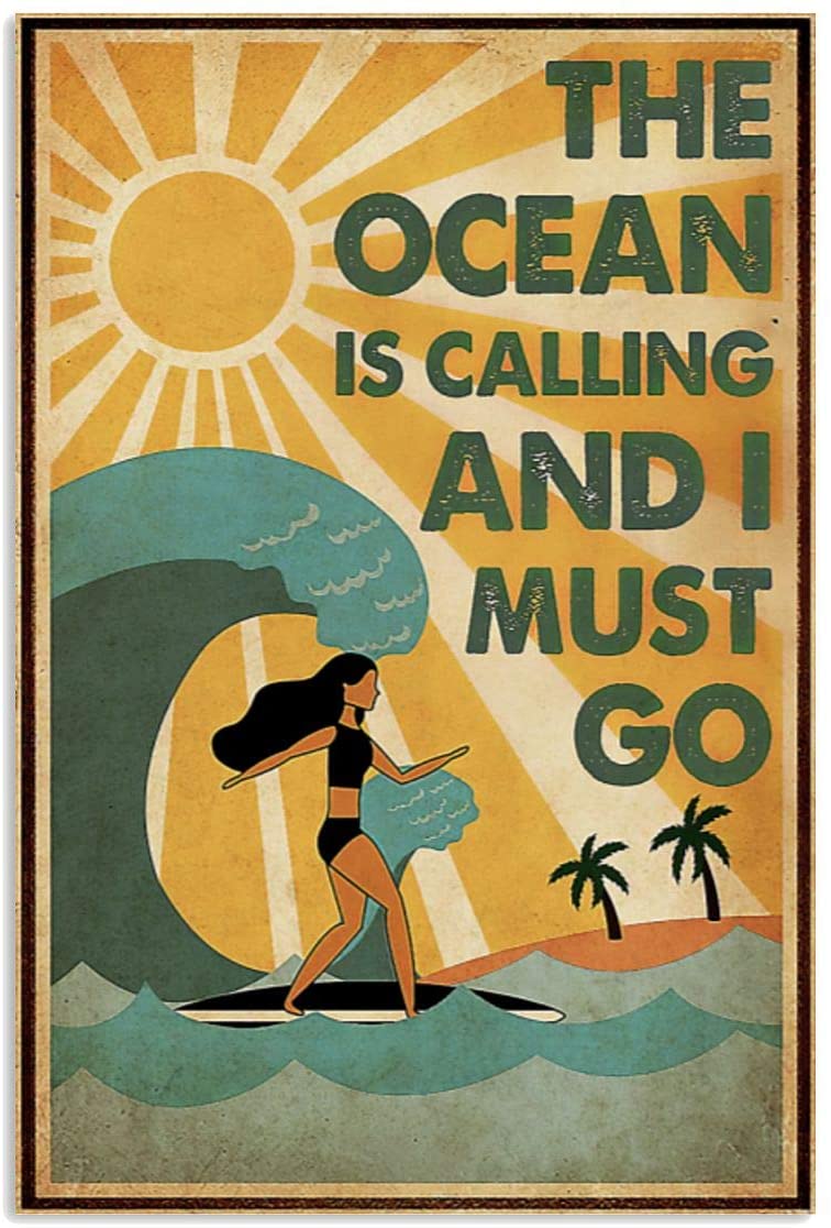 Vintage Surfing The Ocean Is Calling And I Must Go Poster Art Print      Home Decor Gift For Men Women Family Frd On Birthday Xmas