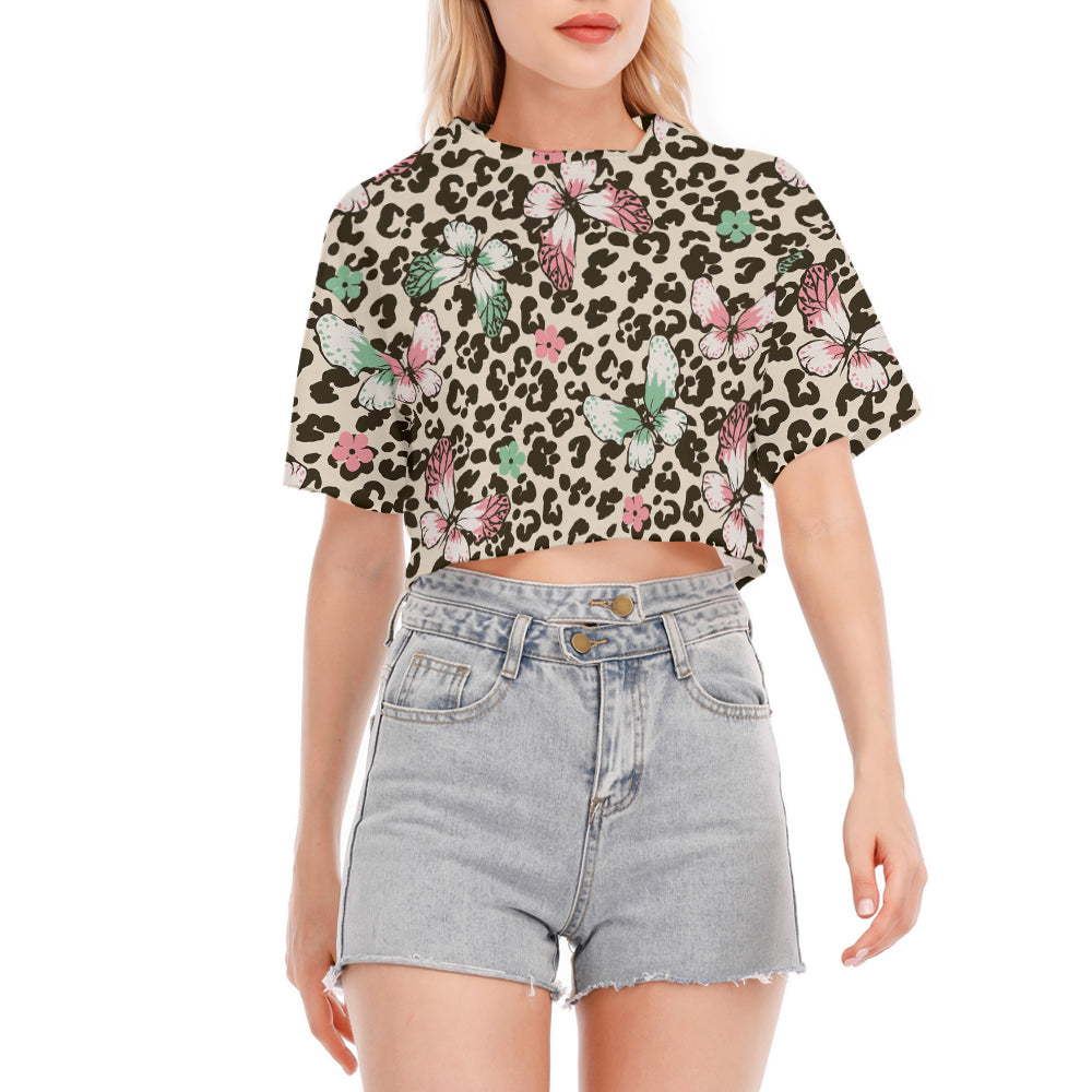 Butterflies On Leopard Dots Cropped T-Shirt