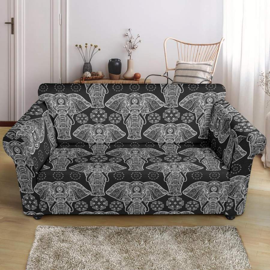 Black Elephant Mandala Print Loveseat Cover