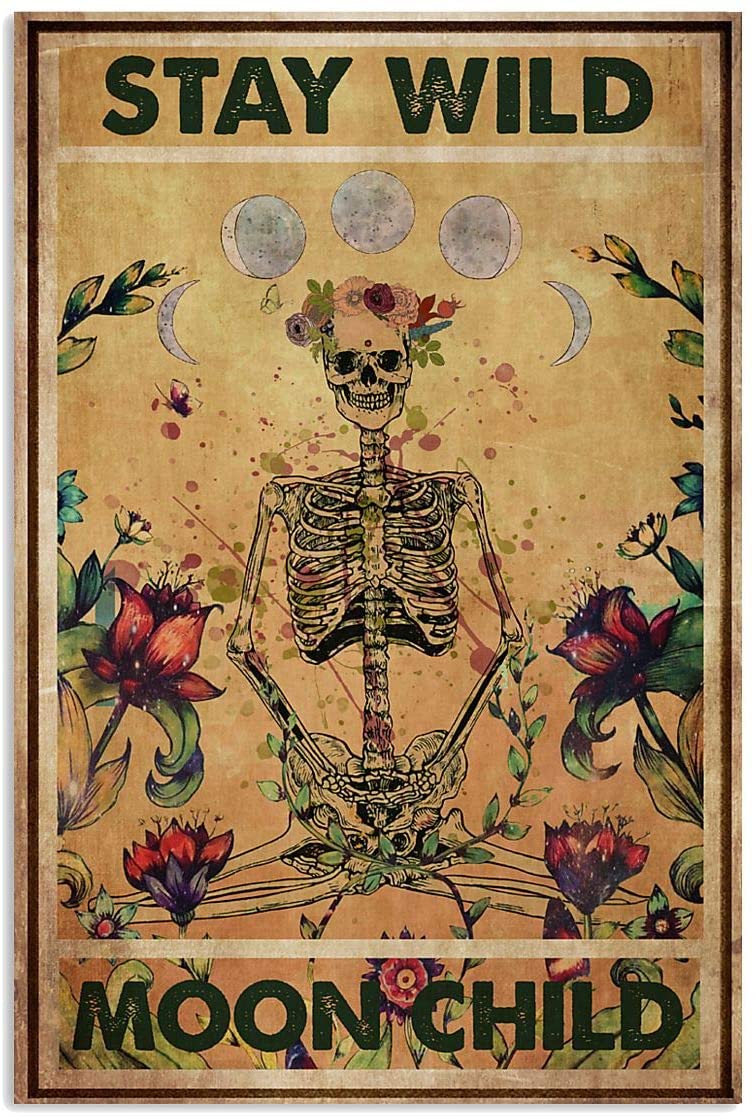 Stay Wild Moon Child Motivation Quote Floral Yoga Skeleton Skull Vintage Canvas And Poster, Canvas Prints, My Poster Wall, Canvas Wall Art, Wall Decor Visual Art, Halloween Gift, Happy Halloween