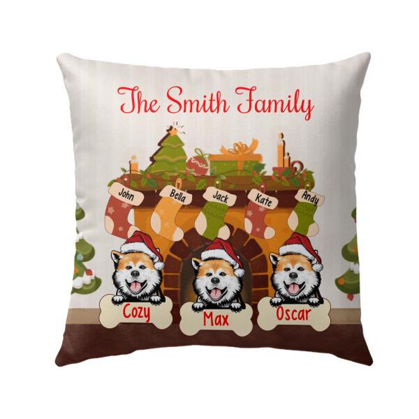 Personalized Pillow, Christmas Fireplace With Dogs, Christmas Gift For Family, Dog Lovers