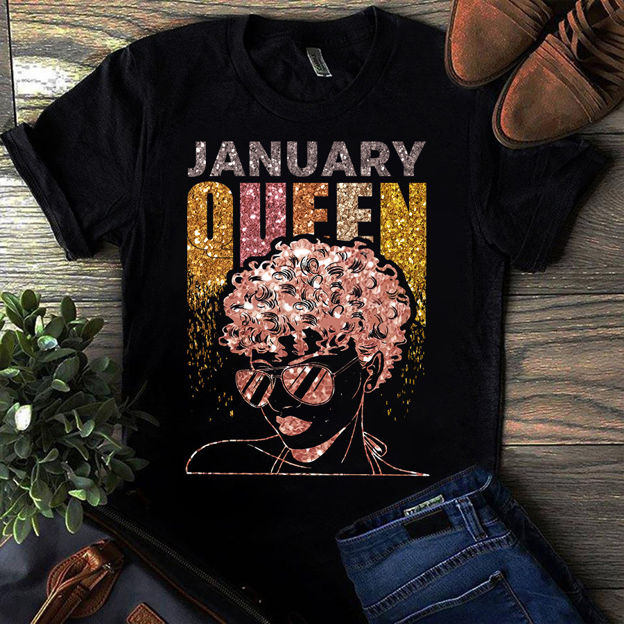 Glitter January Queen Black Queen Birthday Gift Standard/Premium T-Shirt Hoodie