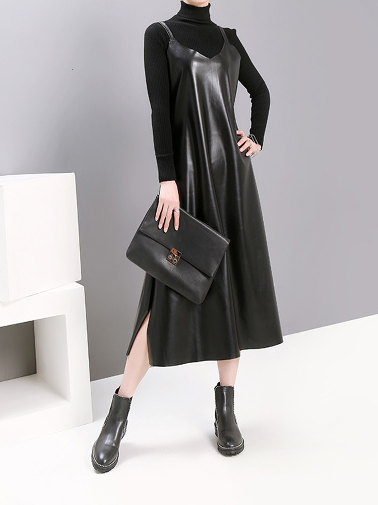 [EAM] Women Black Pu Leather Vent Temperament Dress New Spaghetti Strap Sleeveless Loose Fit Fashion Tide Spring Autumn 2022 alx