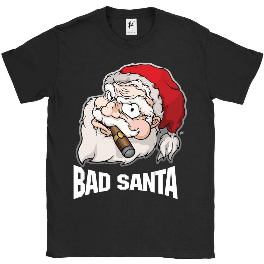 Bad Santa Claus Smoking Cigar Looking Angry Mens T-Shirt