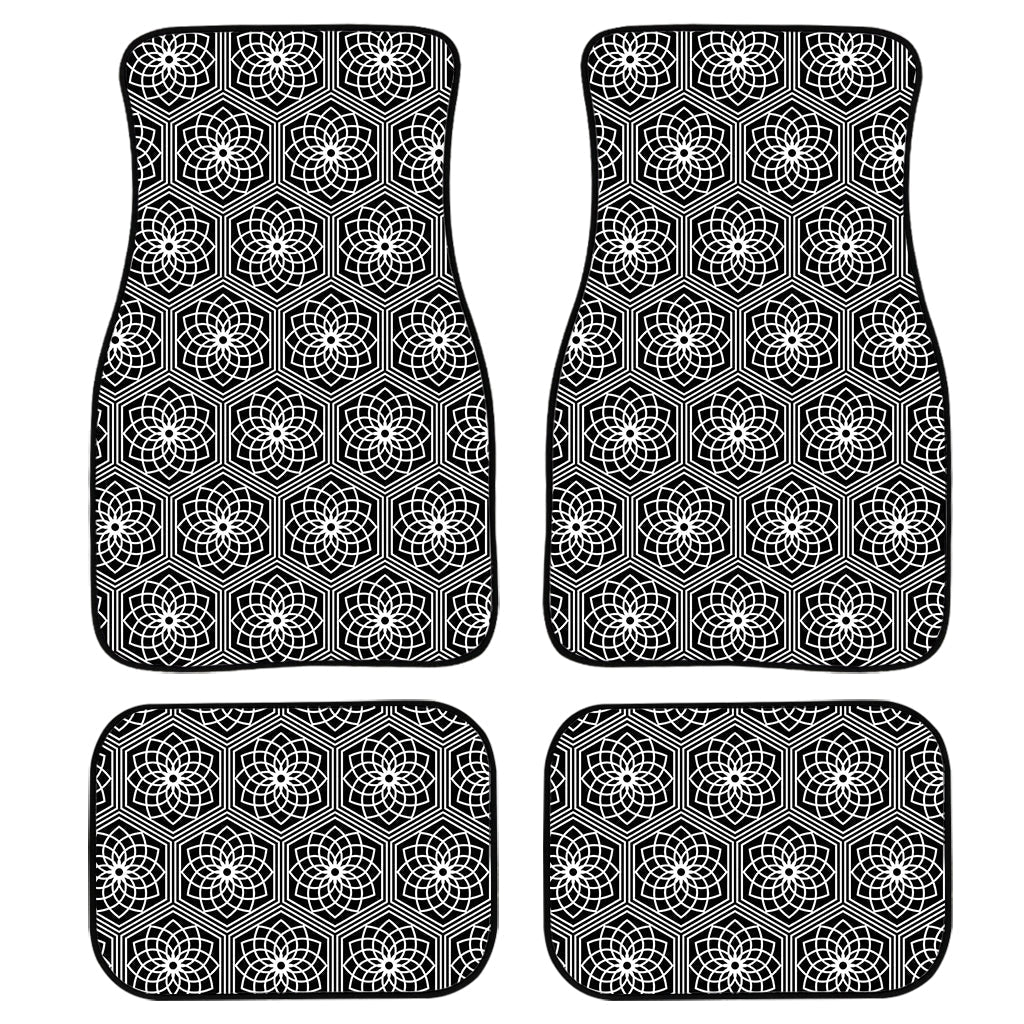 White And Black Lotus Pattern Print Front And Back Car Floor Mats, Front Car Mat