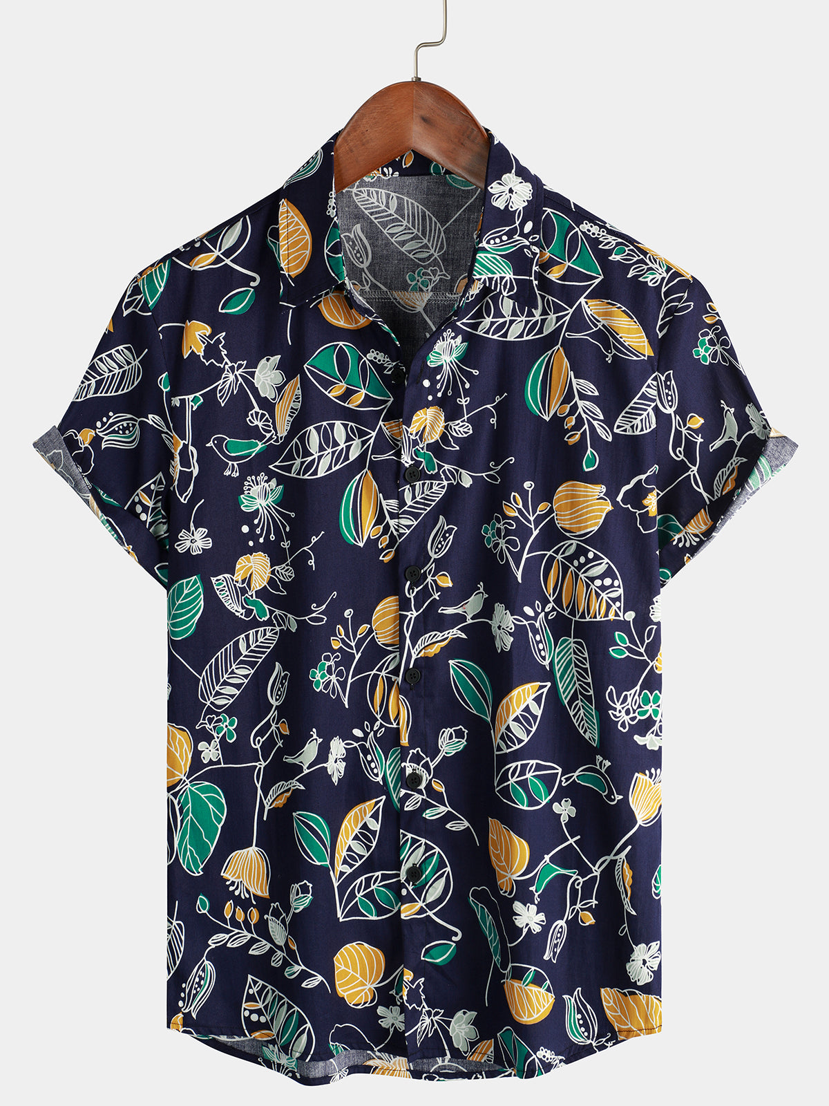 Nature Tropical Navy Blue Floral Flower Leaf Button Up Short Sleeve Hawaii Shirt Ha23093