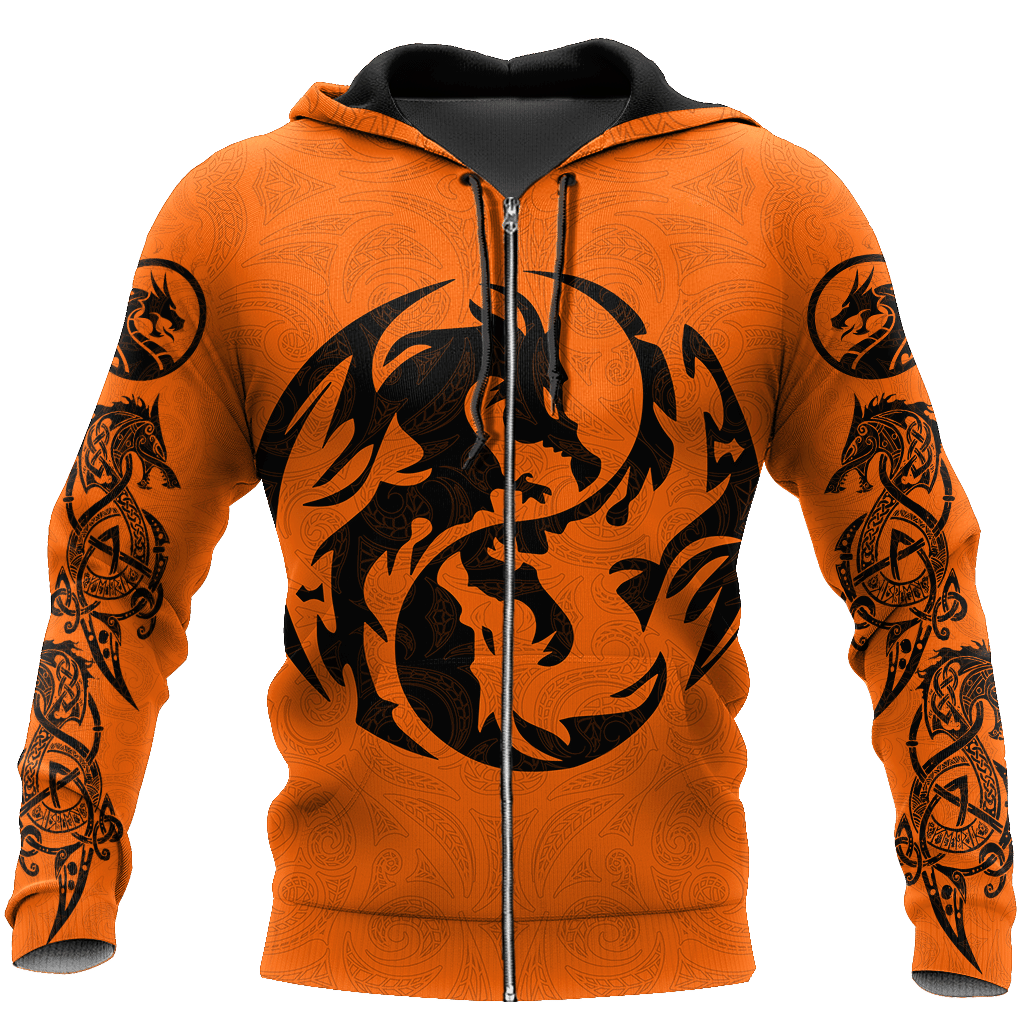 Dragon Orange Tattoo 3D Zip Up Hoodie Shirt For Men And Women