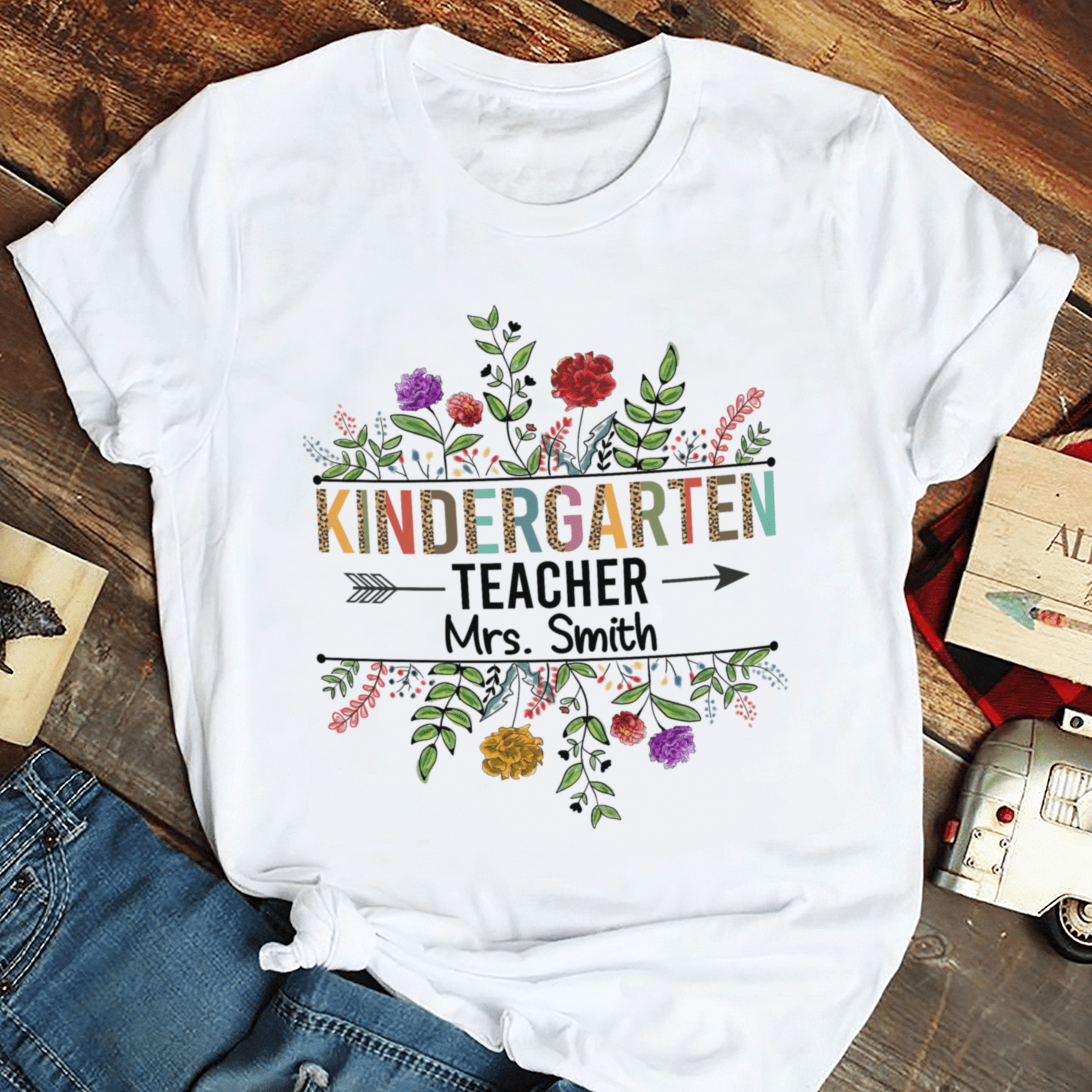 Personalized T-Shirt For Teacher Colorful Leopard Flowers Design Arrow Print Custom Name Back To School Outfit