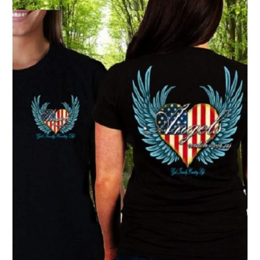 Country Life Outfitters Angel Black USA Heart American Flag Wings Vintage Girlie Bright T Shirt