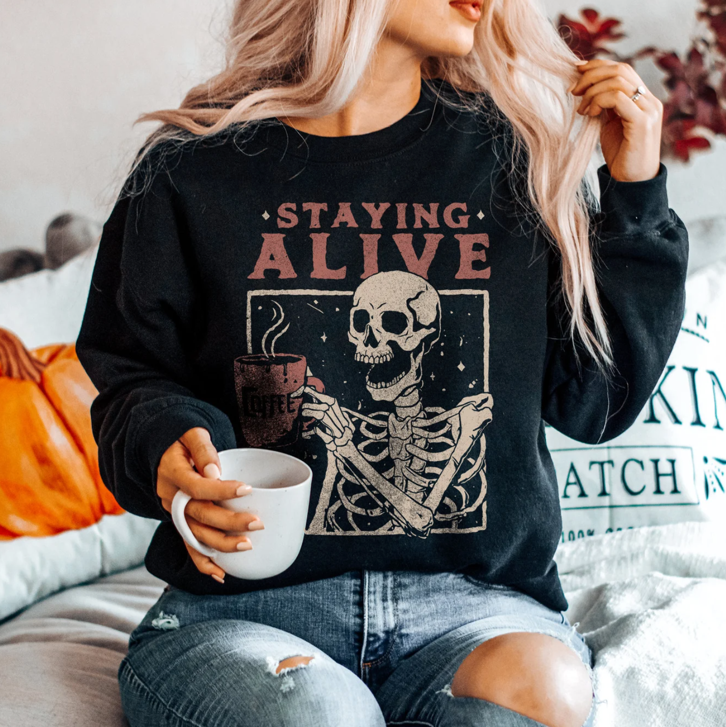 Staying Alive Halloween Sweatshirt, Halloween Shirt, Halloween Gift Fall Sweatshirt, Coffee Halloween Sweatshirt, Coffee Addict Long Sleeve