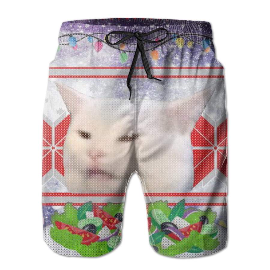 2 Pack Smug Table Cat Meme Ugly Christmas Men Swim Trunks Drawstring Elastic Waist Quick Dry Beach Shorts with Mesh Lining Swimwear Bathing Suits