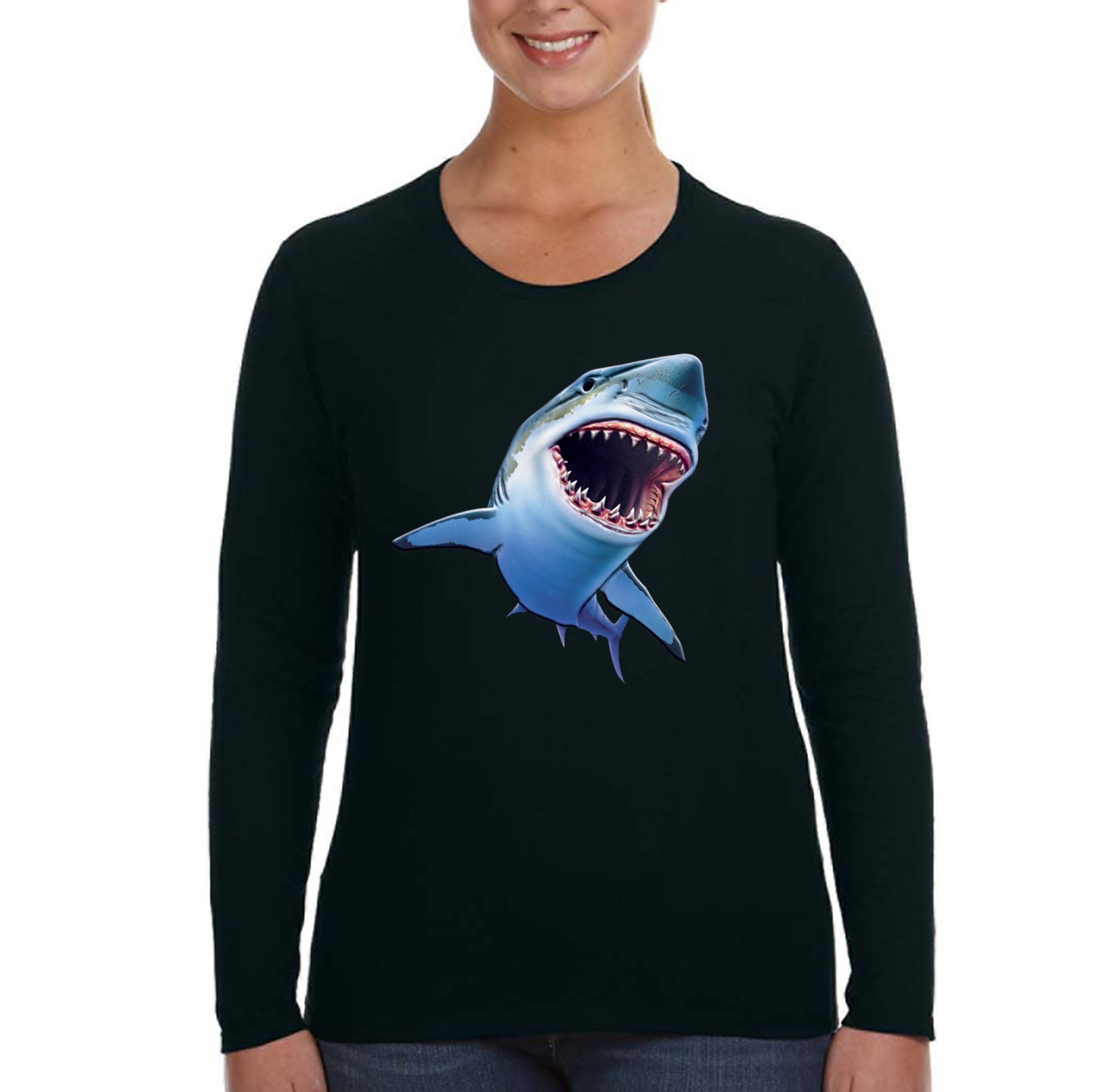 Xtrafly Apparel Women’S Sharky Great White Shark Swim Swimming Fish Fishing Diving Boating Beach Mako Blue Tiger Bull Long Sleeve T-Shirt