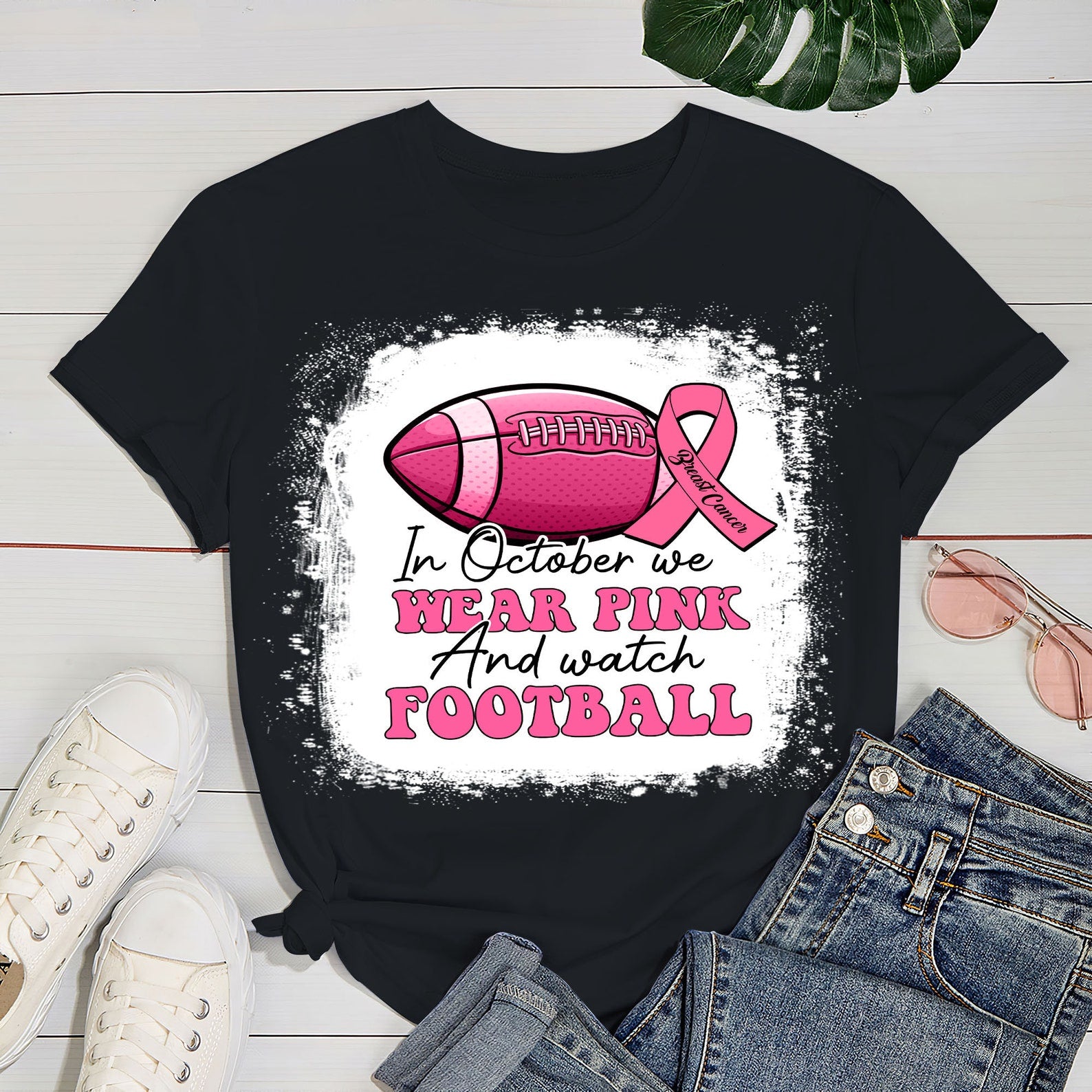 In October We Wear Pink And Watch Football T-Shirt For Sport Lovers Breast Cancer Awareness Shirt For Women Girl