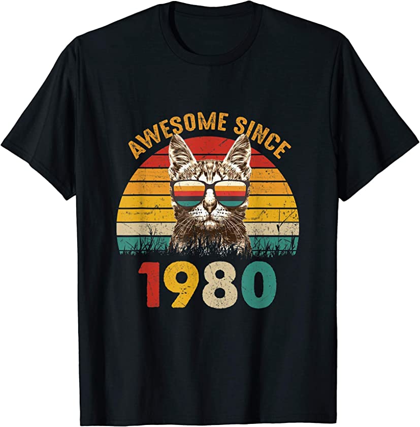 41st Birthday Vintage Cat Gift 41 Years Awesome Since 1980 T-Shirt