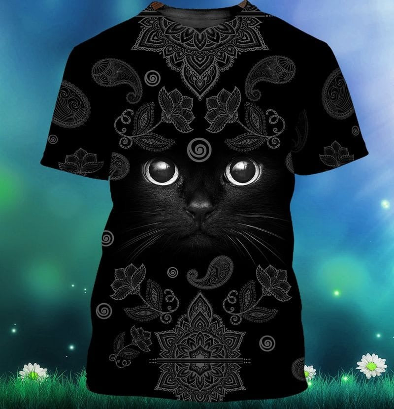 3D All Over Print Mitru Mandala Black Cat Shirt, Black Cat Shirts