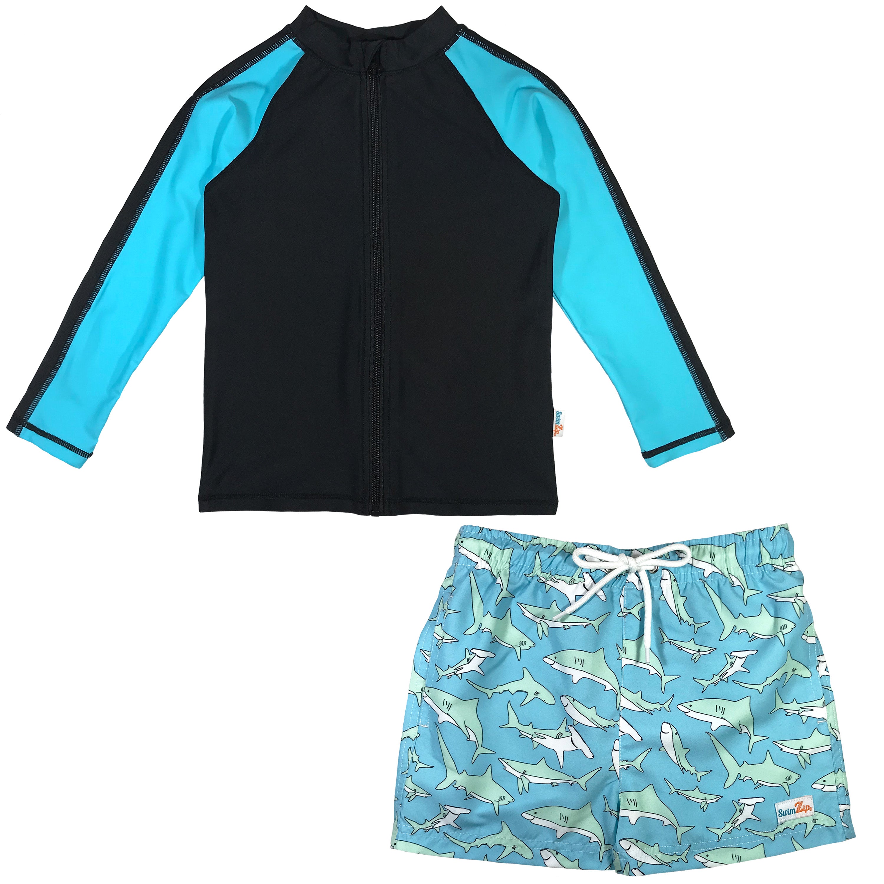 Boy Long Sleeve Rash Guard Swimsuit And Board Shorts Set – “Deep Blue Sharks”