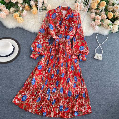 Spring Bohemian Floral Long Dress Women Vacation Beach Party Vestidos Female Bow Collar Lantern Sleeve Chiffon Robe 2021 Fashion alx